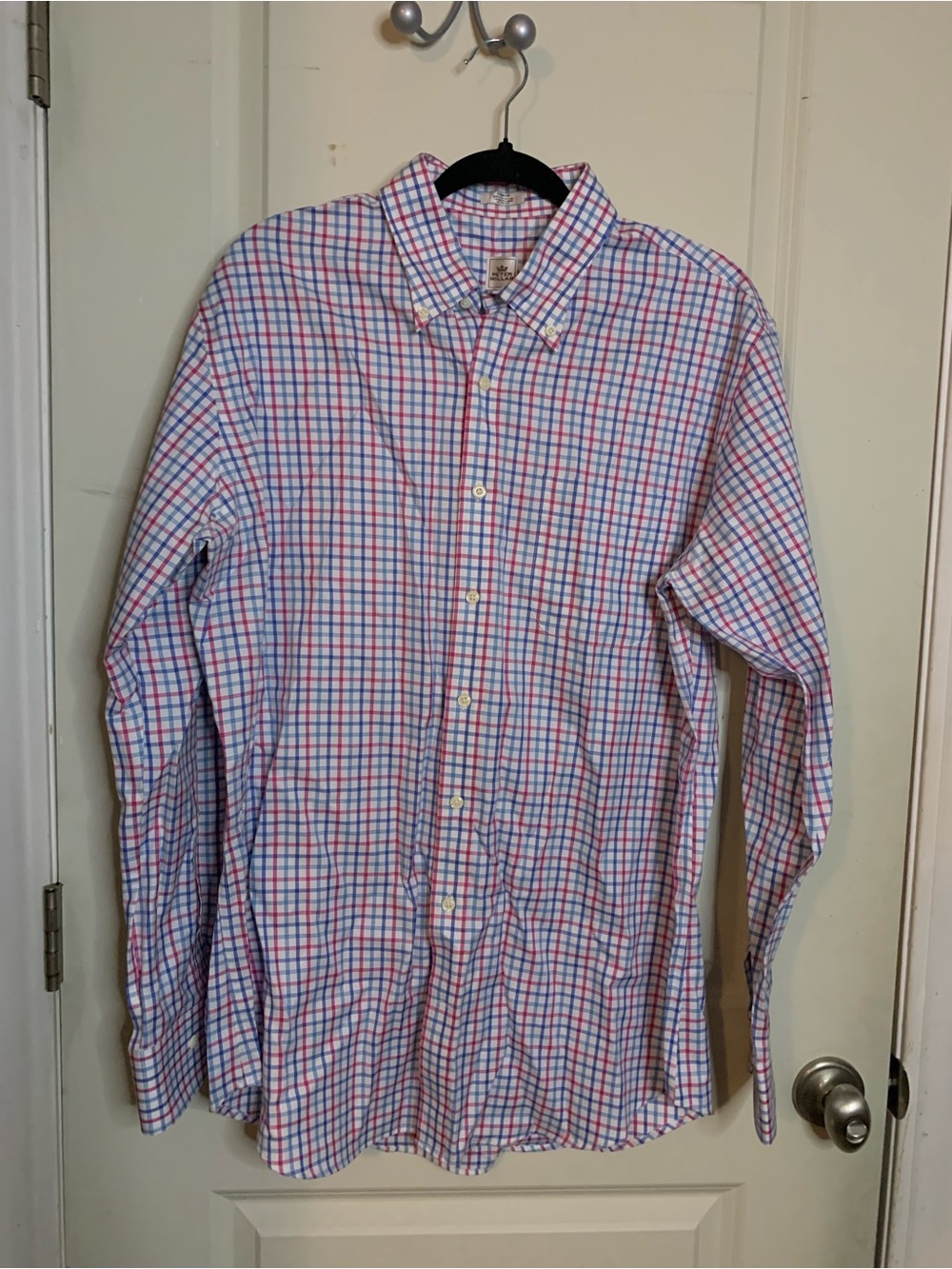 Peter Millar Nanoluxe EasyCare White Button-Down Checked Shirt Blue & Pink Sz L